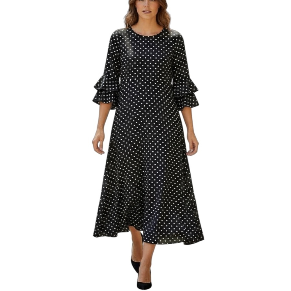 Traffic People Black/Cream Polka Dot Silk Blend Midi Dress 3/4 Bell Sleeves - XS